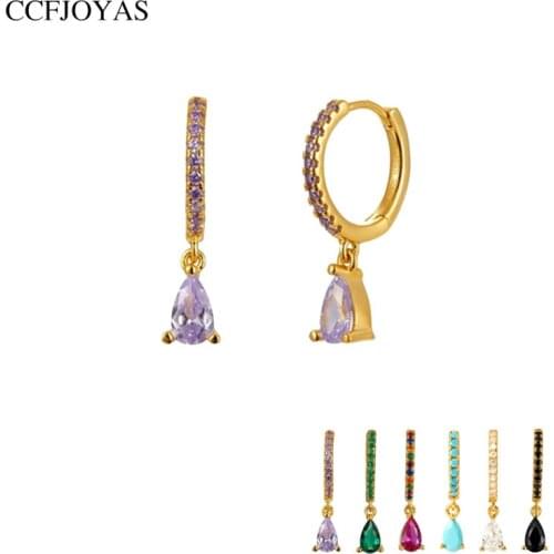 CCFJOYAS Purple/rose red/blue/green color 925 Sterling Silver Water Drop Zircon Hoop Earrings for Women Earrings Fashion Jewelry