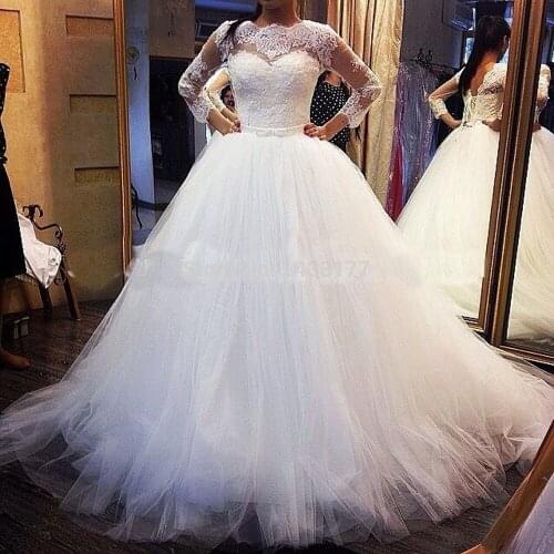 Free shipping 2018 New Design Real Winter robe longo soiree Tulle Ball Gown Long Sleeve Bridal Gown Corset Back Wedding Dresses