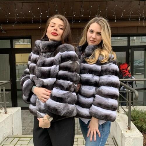 FURSARCAR Elegant Slim Real Rex Rabbit Fur Imitate Chinchilla Fur Jacket Natural Rabbit Fur Coat Mandarin Collar Woman Fur Coat