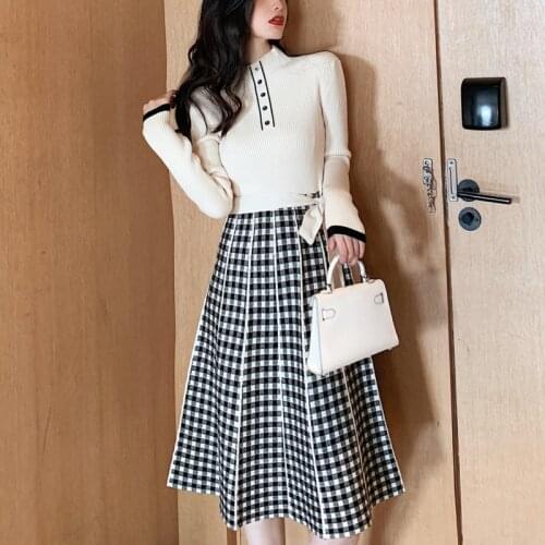 2020 Spring Knitted Plaid Women Dress Long Sleeve Stand Collar Buttons Sashes Fashion Korean Office Midi Dresses Vestidos Mujer