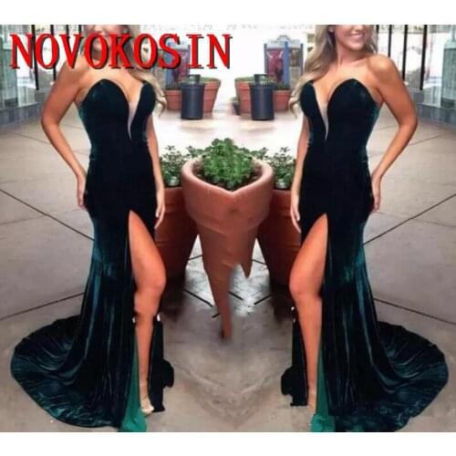 New Velvet Dark Green Sexy Mermaid Prom Dresses Sweetheart High Side Split Backless Sweep Train Long Formal Evening Party Gown