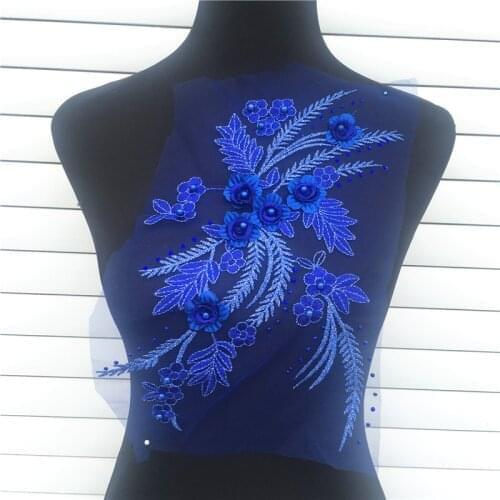 1pc Organza Lace Blue 3D Flower Applique Patch Beads Embroidery Lace Fabric Sew On Wedding Dress Decorate Cloth Accessory