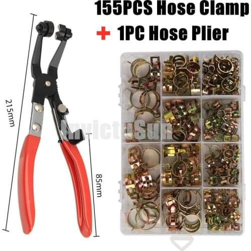 155PCS 6-22mm Car & Truck Spring Clips Fuel Oil Water Hose Clip Pipe Tube Clamp Fastener Assortment Kit +1PC Hose Plier