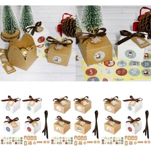 24 Sets Christmas 1-24 Advent Calendar Kraft Paper Candy Gift Cookies Box with Tags Stickers Ribbon Gift Storage Decoration