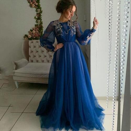 Eightale Arabic Evening Dresses Navy Blue O-Neck Long Sleeves Prom Gowns Flowers Tulle A-Line Party Dress Mother of Bride Dress