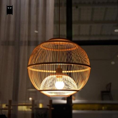 Bamboo Wicker Rattan Ball Cage Pendant Light Fixture Asian Rustic Japanese Creative Hang Lamp Fitting Foyer Living Dining Room