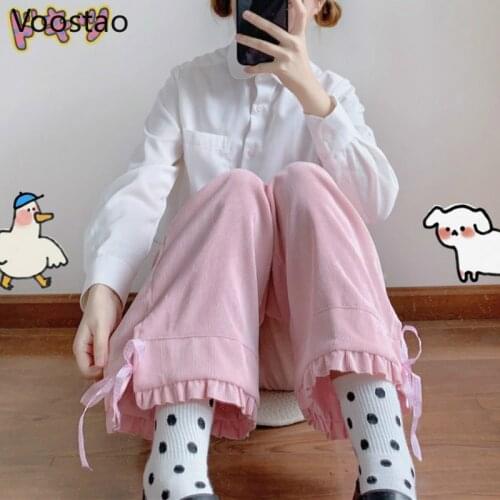 Japanese Harajuku Lolita Style Corduroy Pants Sweet Ruffles Bow Lace-Up High Waist Straight Pants Women Loose Kawaii Pink Pants