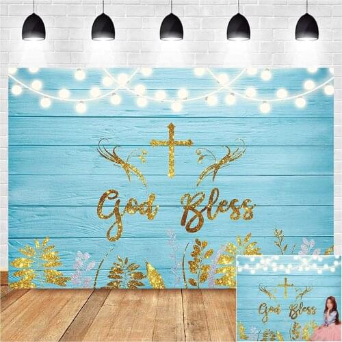 Blue Wood Gold Leaves God Bless First Holy Communion Photography Children Christening Party Background Cake Table Decor Banner