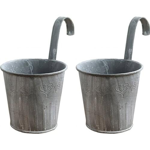 Plants Pots With Hook Bucket Hanging Yard Durable Silver Retro Style High Quality For Railing Fence Iron Outdoor Baskets