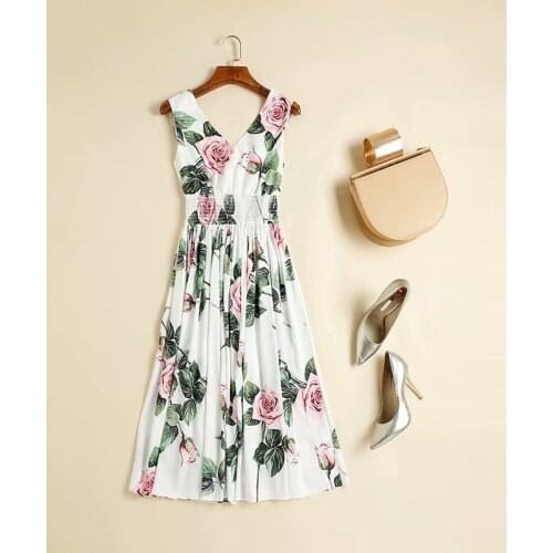And American womens European dress 2021 summer new styles Sleeveless v-neck rose print Fashionable pleated dress