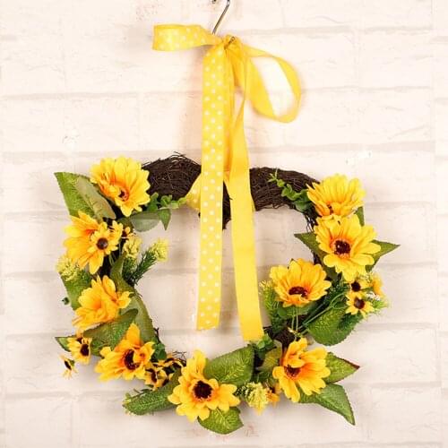 Simulation Flower Wreath Sunflower Heart-shaped Pendant Homemade Bow Ribbon Front Door Decor Creative Fake Floral Rattan Garland