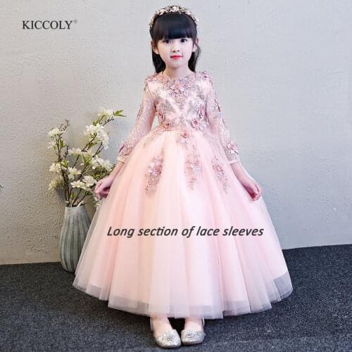 KICCOLY Custom New Elegant Girl Pink Lace Sleeve Dress Child First Communion Dress Baby Girl Formal Wedding Dress for 1-14T