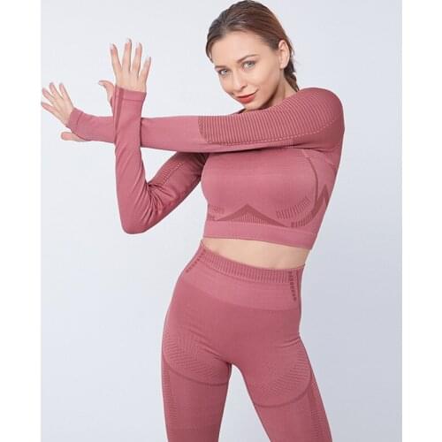 New Geo Seamless Yoga Set Gym Clothing For Women Long Sleeve Crop Top+Sport Leggings Workout Sets 2 Piece Fitness Sports Suits