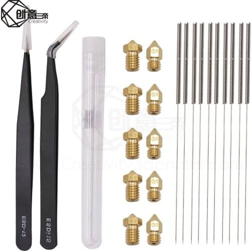 Creativity 10pcs MK8 V6 Nozzles 0.4MM + 10pcs Cleaning Needles 0.4mm Drill Bits +Pt. ESD-15 PT.ESD-12 tweezers 3D printer Parts