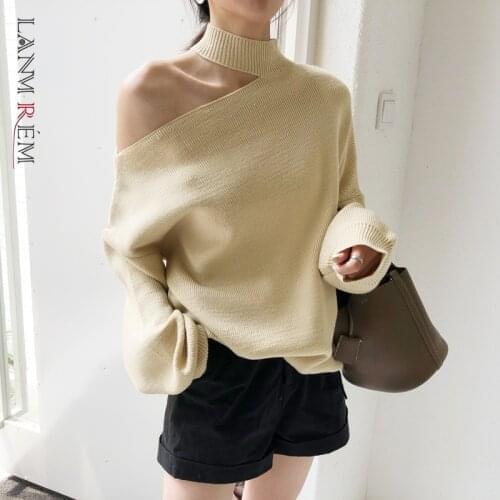 LANMREM 2021 New Arrivals Korean Style Hanging Neck Off Shoulder Lantern Sleeve Medium Long Loose Thin Sweater For Women 2T1554