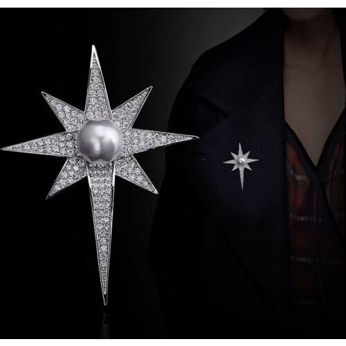 Fashion New Silver Color Crystal Star Brooch Korean Womens Cardigan Shawl Mens Suit Coat Pin Badge Shirt Collar Accessories