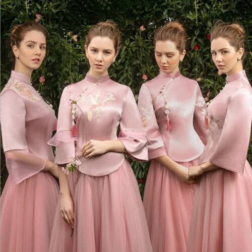 Fashion flowers embroidery elegant chinese retro cheongsam dress female host meeting banquet beatiful dress wq1837 custom size