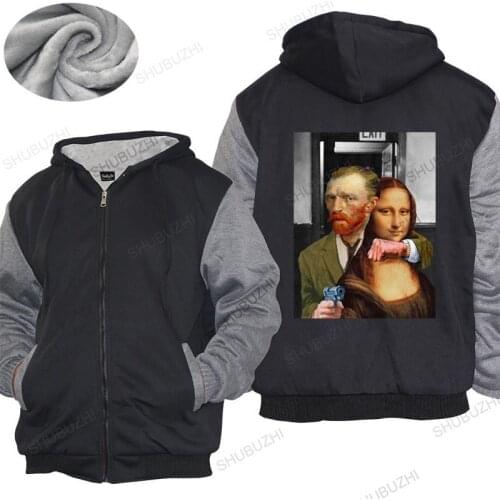 Mens winter cotton warm coat loose tops Novelty Art Theft Van Gogh Mona Lisa thick hoody Humor Aberrant Art Parody Funny women