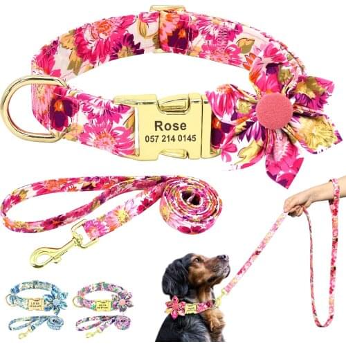 Customized Nylon Dog Collar Printed Personalized Puppy Cat Collar Leash Accessories Floral Dog Leash For Small Medium Dogs