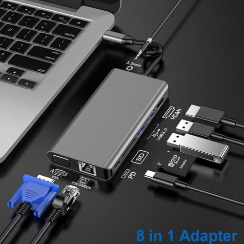 USB C Hub Type-C To HDMI VGA Rj45 1000Mbps Ethernet SD Card Slot Reader Hub PD Fast Charge 8-In-1 Type C Dock For Macbook Huawei