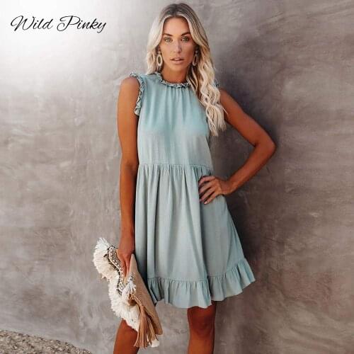 WildPinky New Casual Solid O-neck High Waist Dress Women Ruffled A-line Lady Dress Sleeveless Summer Women Mini Dress Vestidos