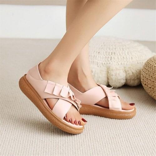 PXELENA Pleated Women Flat Cross Strap Flat Sandals 2021 Summer Girls Princess School Student Collegiate Shoes Pink White 34-43