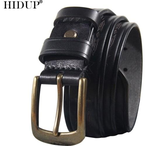HIDUP Unique Floral Design Solid Cowhide Leather Belt Brass Pin Buckle Belts for Men Retro Styles Jeans Accessories NWJ1023