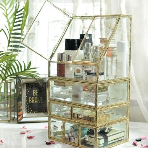 Glass Luxury Transparent Makeup Organizer Lipstick Cosmetic Storage Box Make Up Organizer Desktop Drawers Organizer Girl Gift
