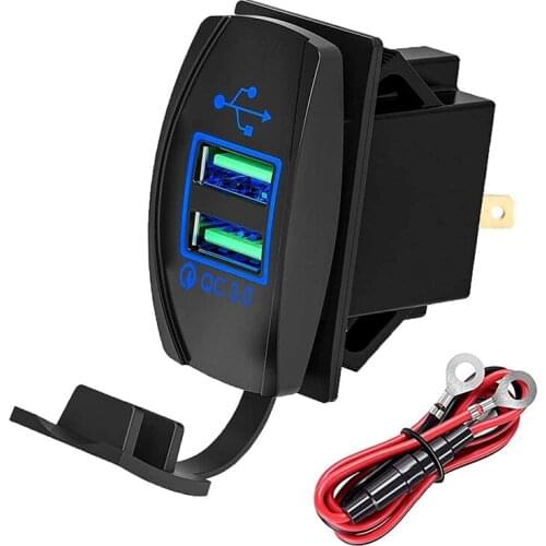 Universal Rocker Style 12-24V Quick Charge QC 3.0 USB Charger for UTV ATV SXS Boat Car Motorcycle, with Blue LED Backlit