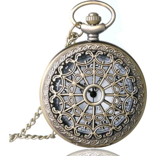 Bronze Antique Vintage Spider Web Hollow Pendant Necklace Quartz Steampunk Pocket Watch Women Men Best Gift