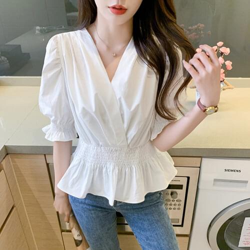 Vintage Puff Sleeve White Shirt Korean Green Blouse Summer V-neck Tops Sweet Tunic Elastic Waist Ruffles Elegant Blouses Femme