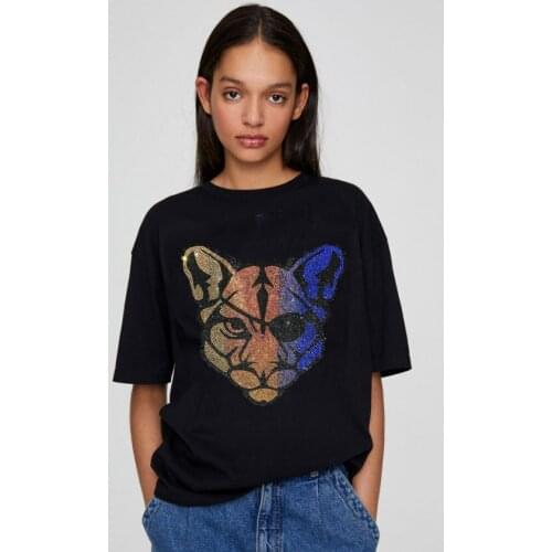 Fashion T Shirt Women Hot drill Short Sleeved O-neck T-shirt Top Tees Female