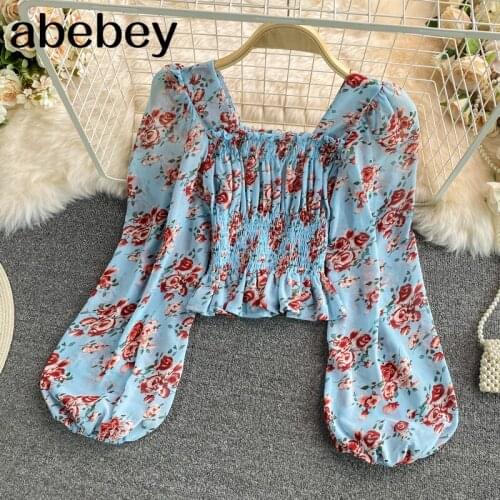 2021 New Summer Sweet square collar puff sleeve Shirt high waist pleated waist Ruffles floral short Shirt Top