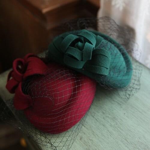 New White Green Wool Women Fedora Cap Vintage Flower Veil Beret Hat Wedding Church Fascinator Hat British Princess Autumn Fedora