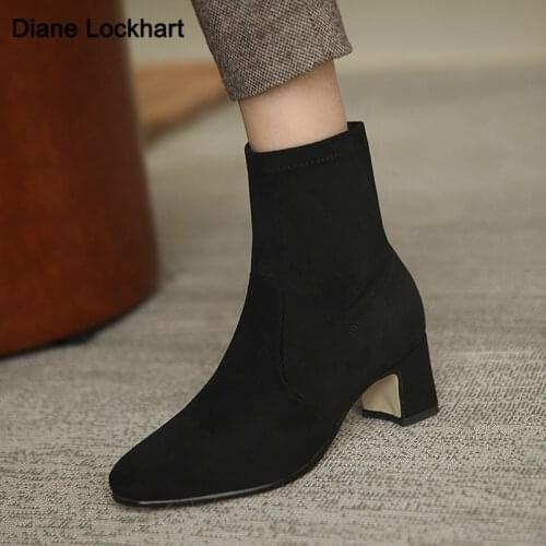 Autumn NEW Women Boots Square Toe Yarn Elastic Ankle Thick Heel Mid Heel Shoes Female Casual Socks Boots 2021 Spring Black