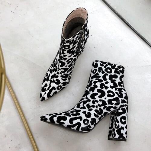 2019 Square High Heel Ankle Boots Women Faux Leather Fashion Boots Leopard Pointed Toe Zipper Autumn Winter Woman Shoes White 39