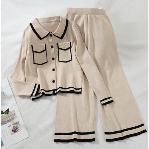Spring and autumn new fashion suit lapel short sweater jacket high waist loose wide leg pants two-piece women