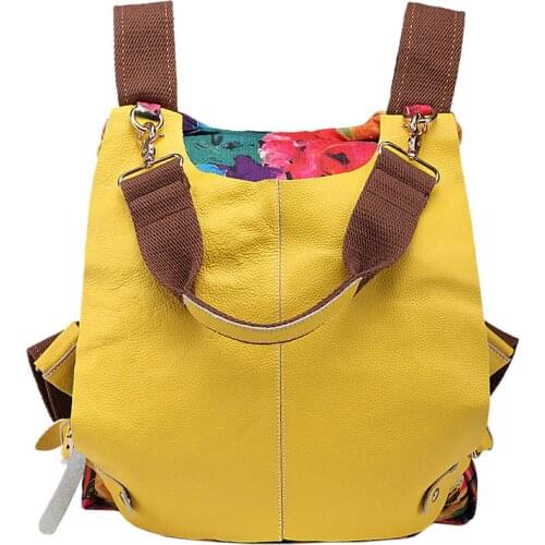 Women Multifunctional Genuine Leather Backpack Travel Casual Canvas Backpack Floral Rucksack Large School Bag For Teen Mochila