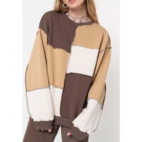 Women Color Block Hoodies Tops Casual Long Sleeve Round Neck Patchwork Pullover Top Autumn Sweatshirts