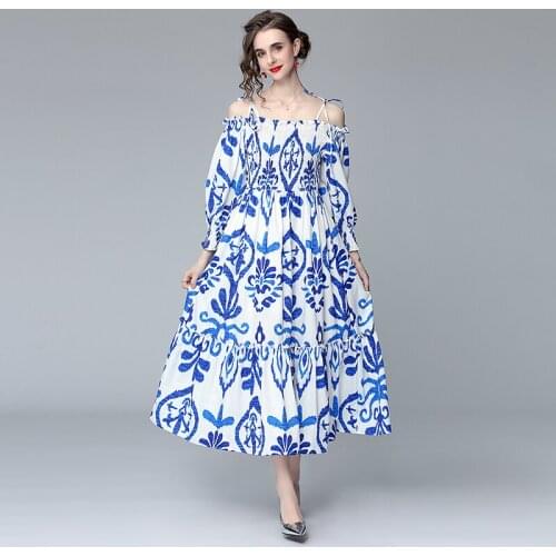 Designer Runway Summer Boho Holiday Dress Women Blue And White Porcelain Printing Bow Lantern Sleeve Elastic Waist Long Vestidos
