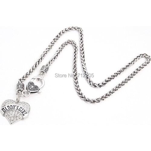 1 inch*1 inch antique silver plated Wheat Link necklace Chain with rhodium plated crystal hearts Daddys Girl pendant necklaces