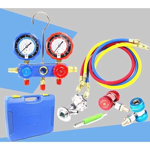 Car Air Conditioner R134A Manifold Gauges Freon Refrigerant+ Tricolor Fluoridated Tube Hoses+2pc QC-12 Quick Couplers+ Opener