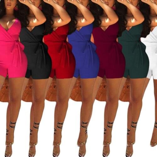 BKLD 2021 Streetwear Women Fashion Casual Halter Sleeveless Rompers Shorts Deep V Neck Lace-up Slim Solid Color Jumpsuit Outfits