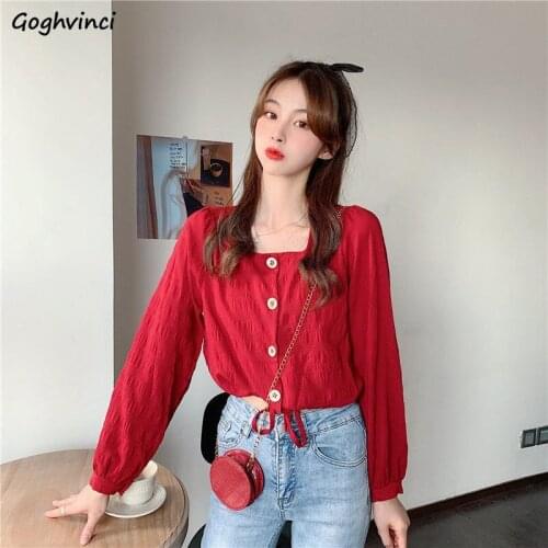 Blouses Shirts Women Fall Short Chiffon Solid Single Breasted Square Neck Casual Cute Pleated Elegant Comfortable New Streerwear