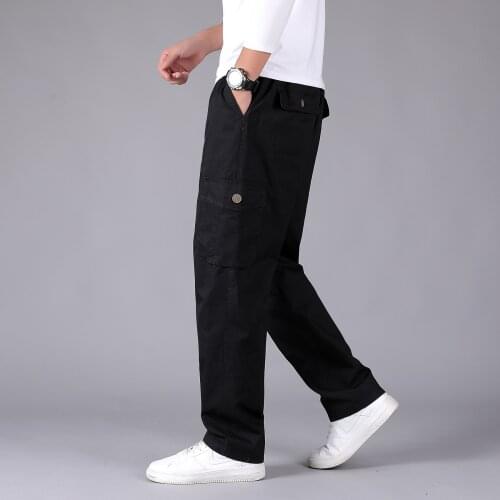 Mens Relaxed Fit Washed Twill casual cotton Pant Classic Flap Pocket Cargo pants with elastic waistband big and tall trousers