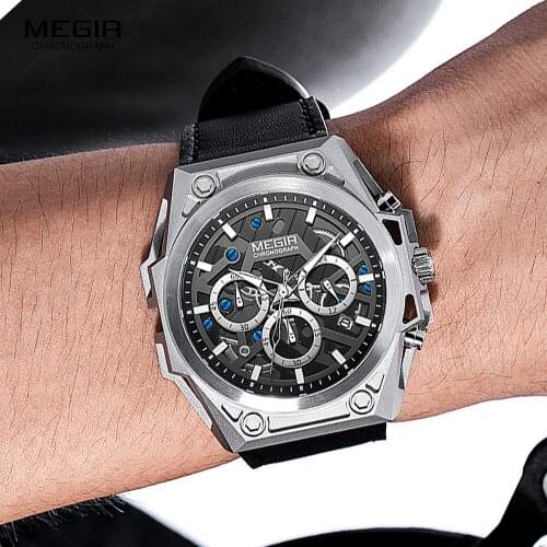 MEGIR Military Sports Watches Men 2020 New Casual Leather Strap Chronograph Quartz Watch Man Fashion Waterproof Wristwatch Male