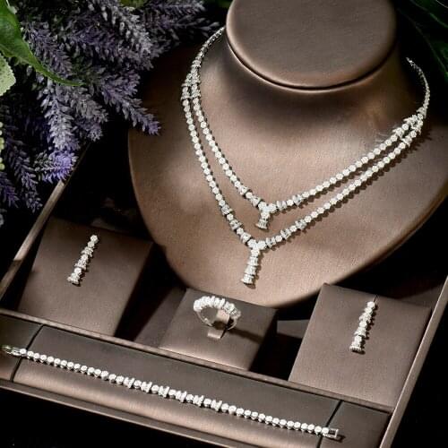 HIBRIDE Micro Pave Cubic Zirconia Two Layer Necklace Earring Bracelet Ring Set 4 Pcs Wedding Women Bridal Jewelry Sets N-1835