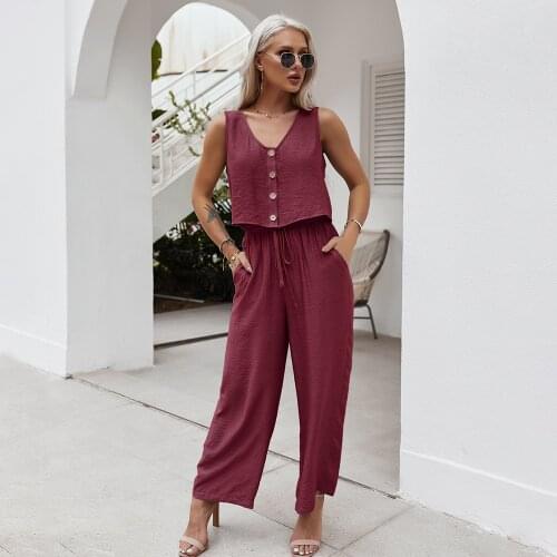Dropshipping Summer Women Casual Two Piece Set Solid Color V Neck Tank Crop Top Sets High Wasit Wide Leg Pants Holiday Outfits