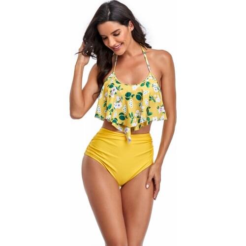 Swimsuit Women 2 Pieces Retro High Waist Womens Halter Swimsuit Yellow Floral Ruffles Flounce Bathing Suit Brazilian Bikini Set