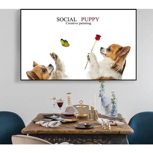 Cartoon Puppy Rose Butterfly Canvas Painting Posters Prints Animal Wall Art Pictures Modern Kids Room Decor Home Decoration